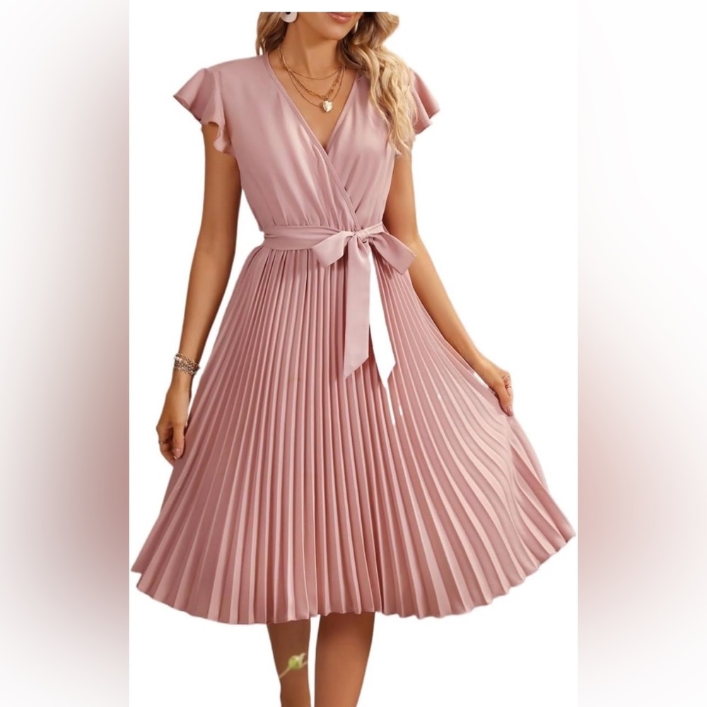 SHEIN Dusty Pink Pleated Wrap Midi Dress with Waist Tie Size 12